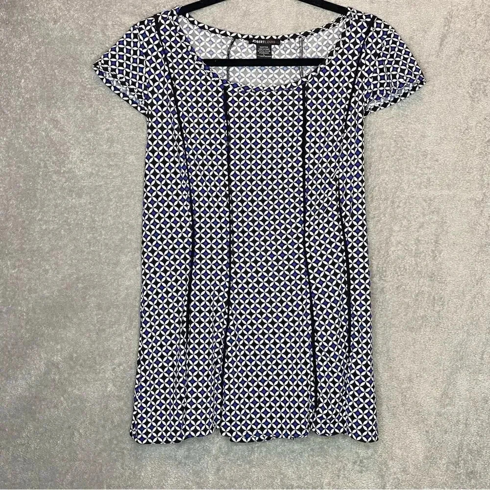 ROBERT Louis L Large Top Shirt Black Geometric Cap Sleeve Round Neck Stretch P19